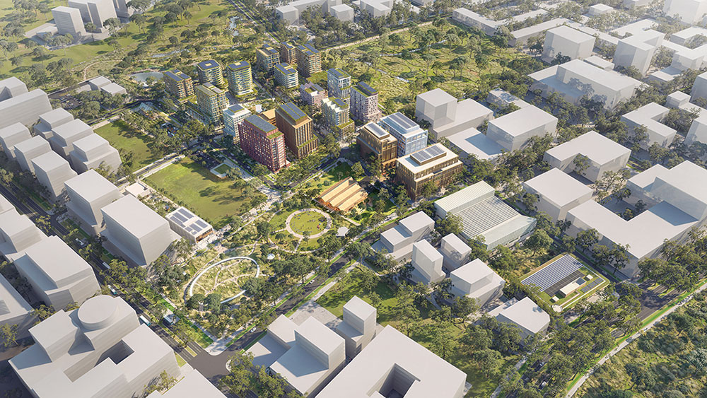 Mixed use city buildings and surrounding green space as viewed from above