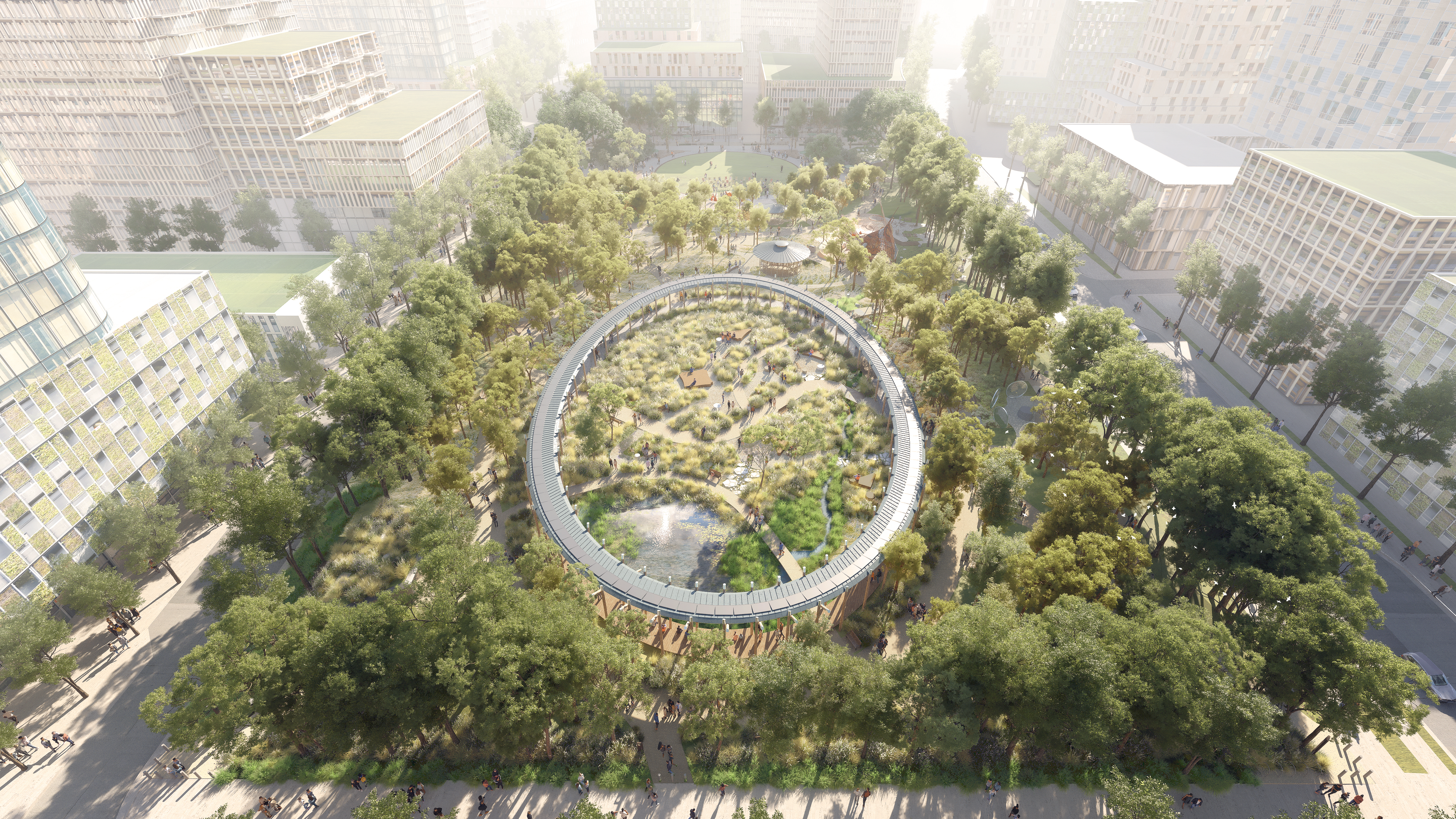 Aerial view render of Bradfield City's Central Park featuring the Sky Ring.