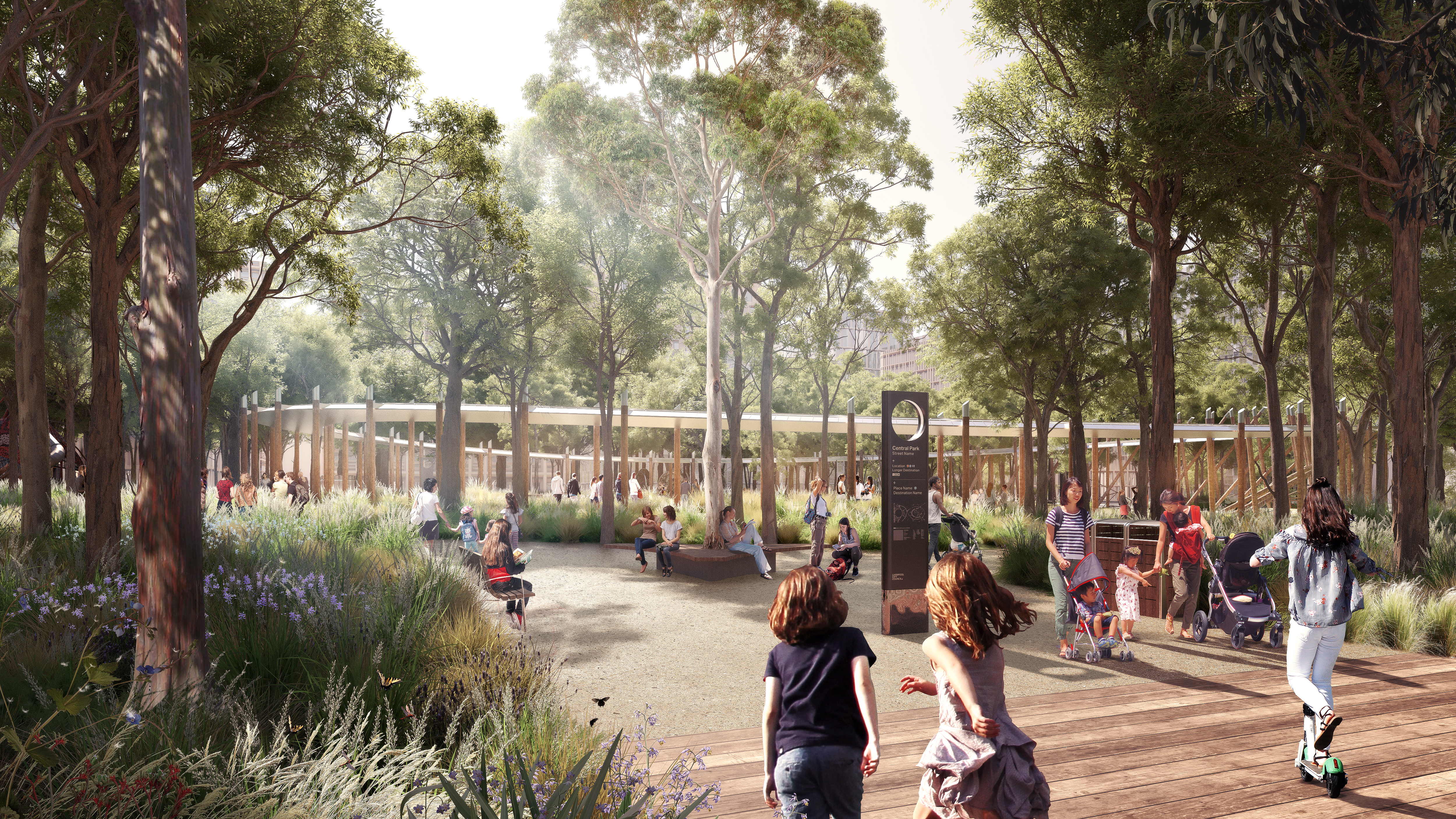 Render showing kids running through Central Park in Bradfield City.