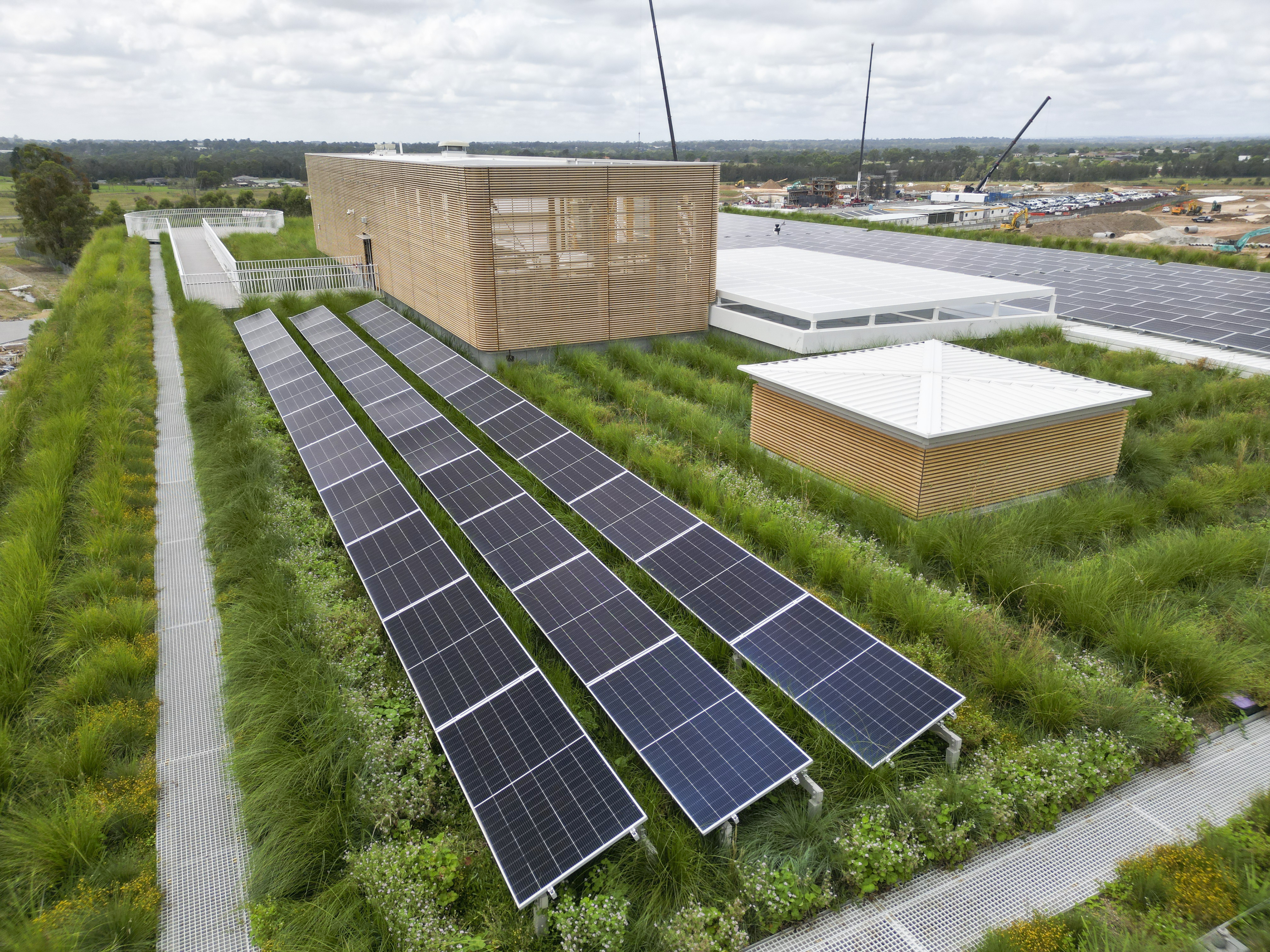 Green roof with solar panels on the First Building at Bradfield City
