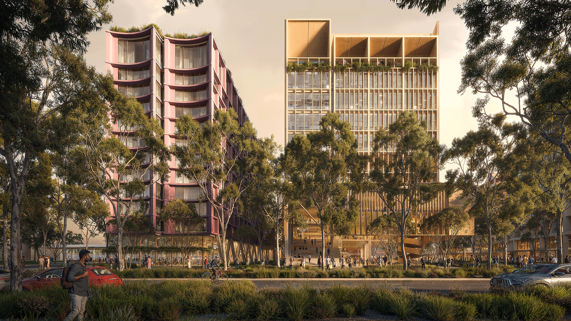 Hotel and commercial buildings with a park and trees