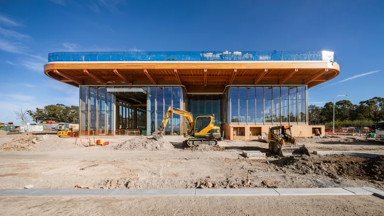 First Building under construction showing the manufacturing hall hangar doors