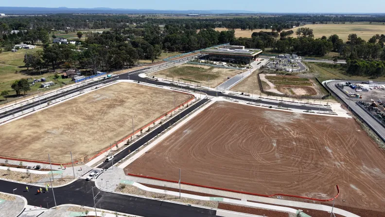 Aerial view of Bradfield City civil works site with First Building in the background.