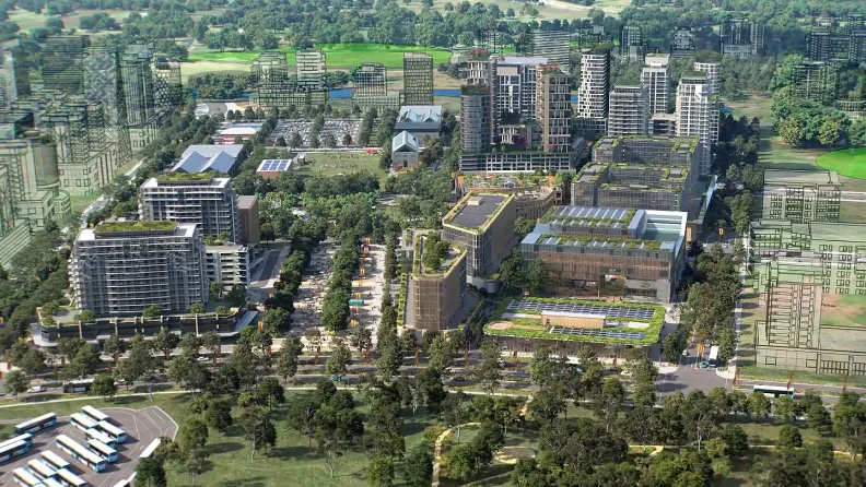 Render of Bradfield City's Master Plan as an aerial view.