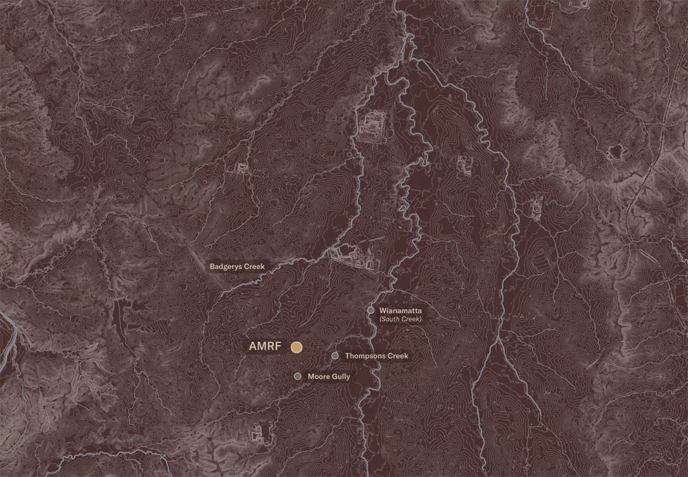 Map showing waterways around Bradfield, including Badgerys Creek, Moore Gully, Thompsons Creek and Wianamatta South Creek.