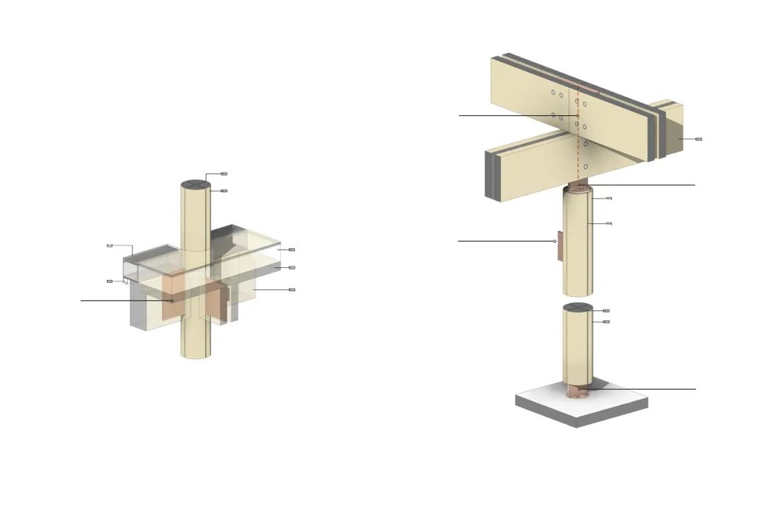 Detailed drawings of column and beam connection mechanical fixings of the First Building