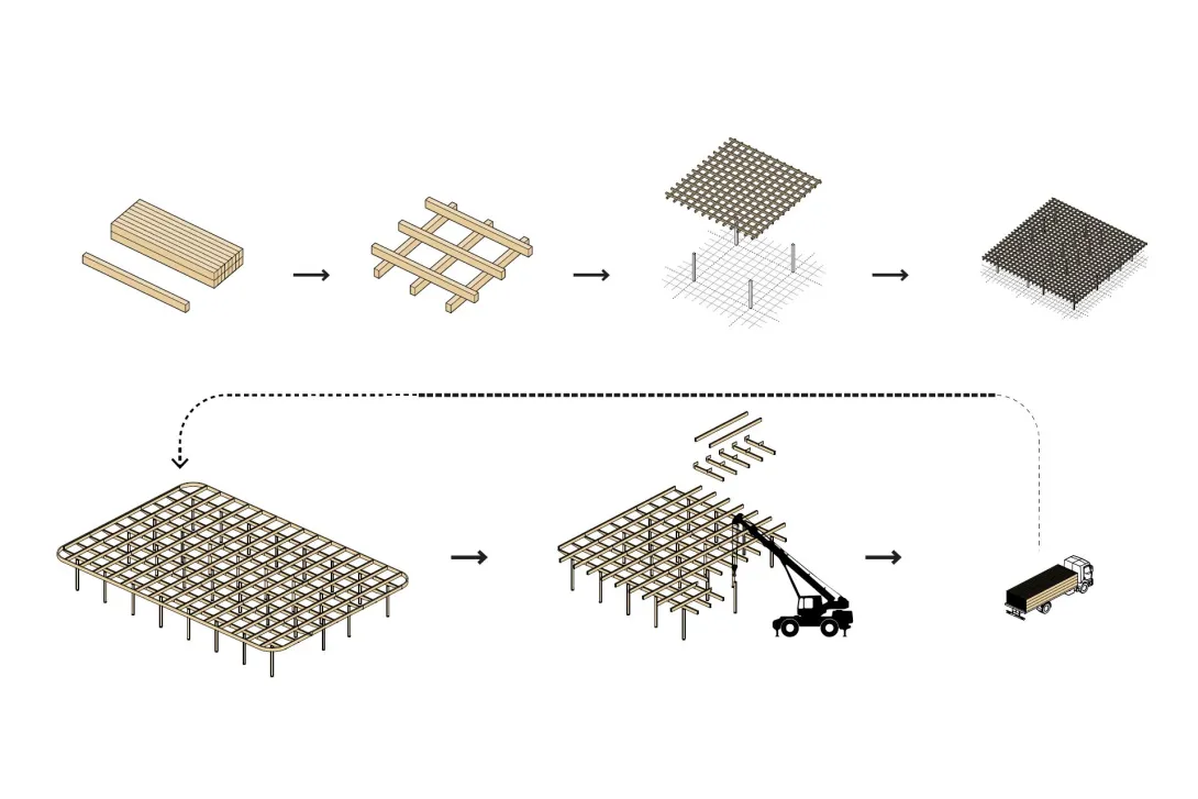 Detailed drawings of modular timber parts of the First Building's superstructure