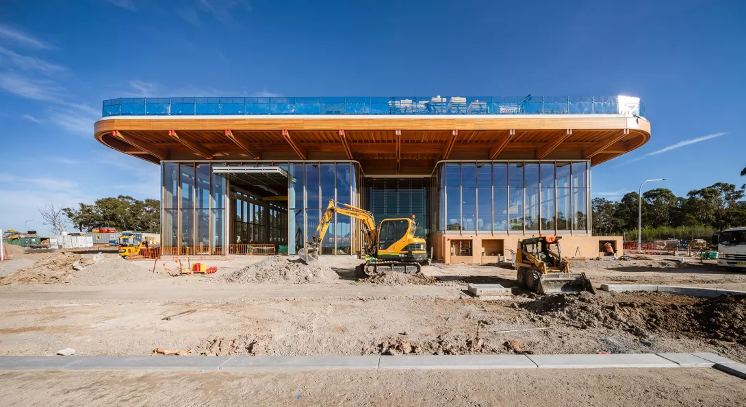 First Building under construction showing the manufacturing hall hangar doors