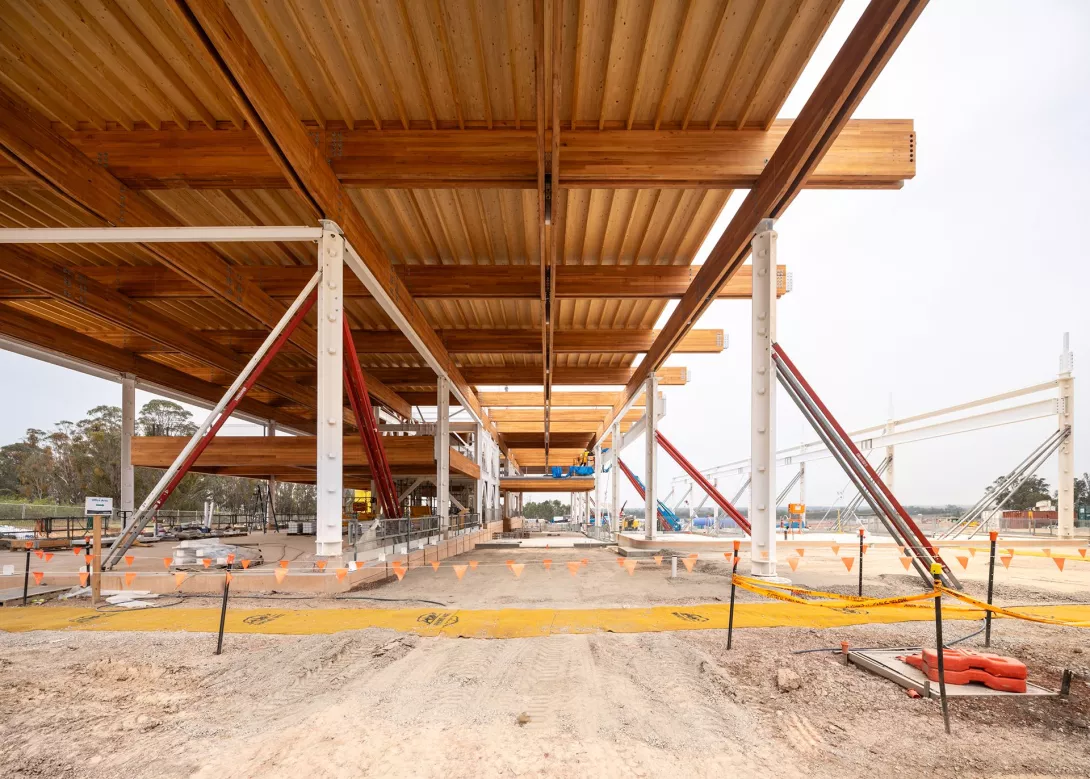 First Building under construction showing the underside of the roof and interior