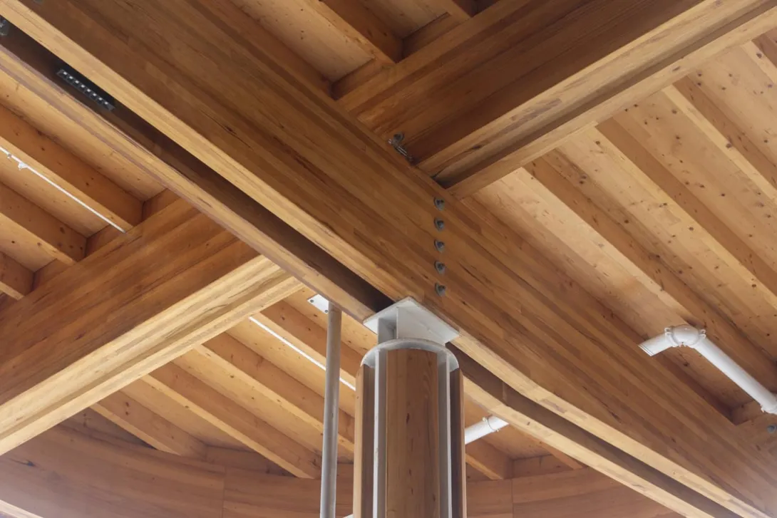 Underside of a timber roof supported by a column