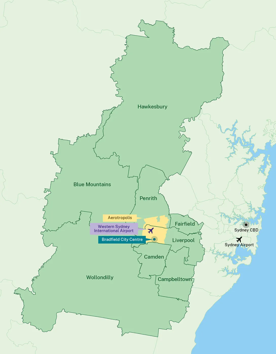 Map showing the 8 local government areas comprising the Western Parkland City