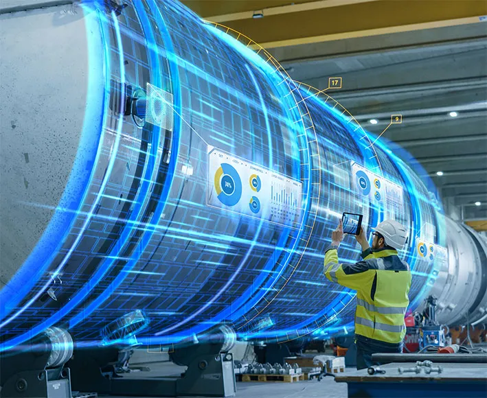 A person using augmented reality in an advanced manufacturing facility