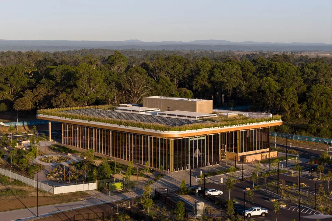 First Building with Blue Mountains in the background