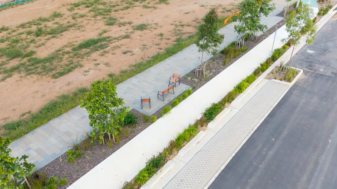 Aerial view of road and footpath in Bradfield City