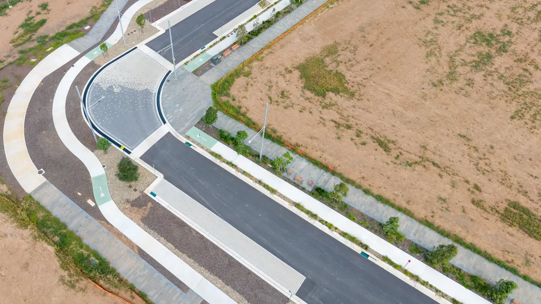 Aerial view of completed road works in Bradfield City